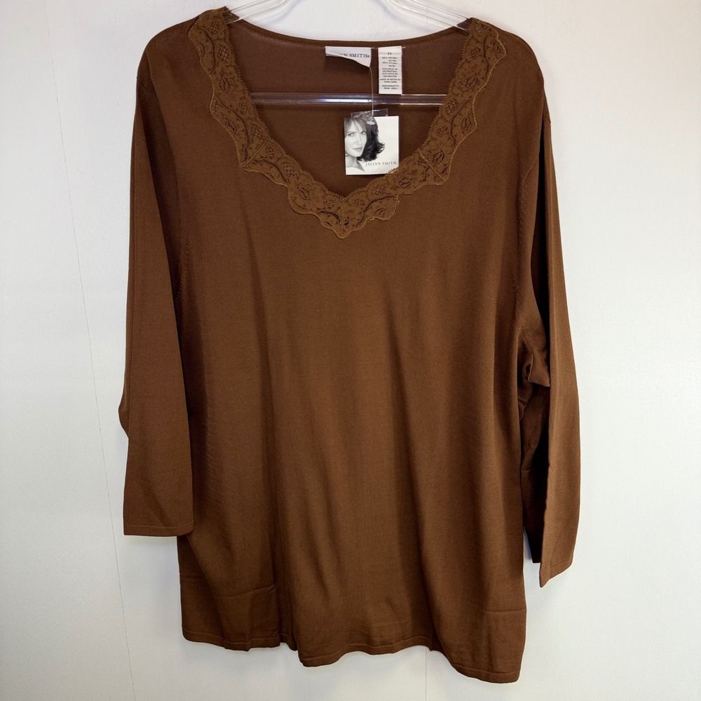 Jaclyn Smith Lace Trim Top Brown Knit Long Sleeve 2X Fairy Grunge GoblinCore NEW